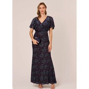 Adrianna Papell Womens 2 Navy Floral Burnout Velvet Long Blouson Dress Gown New